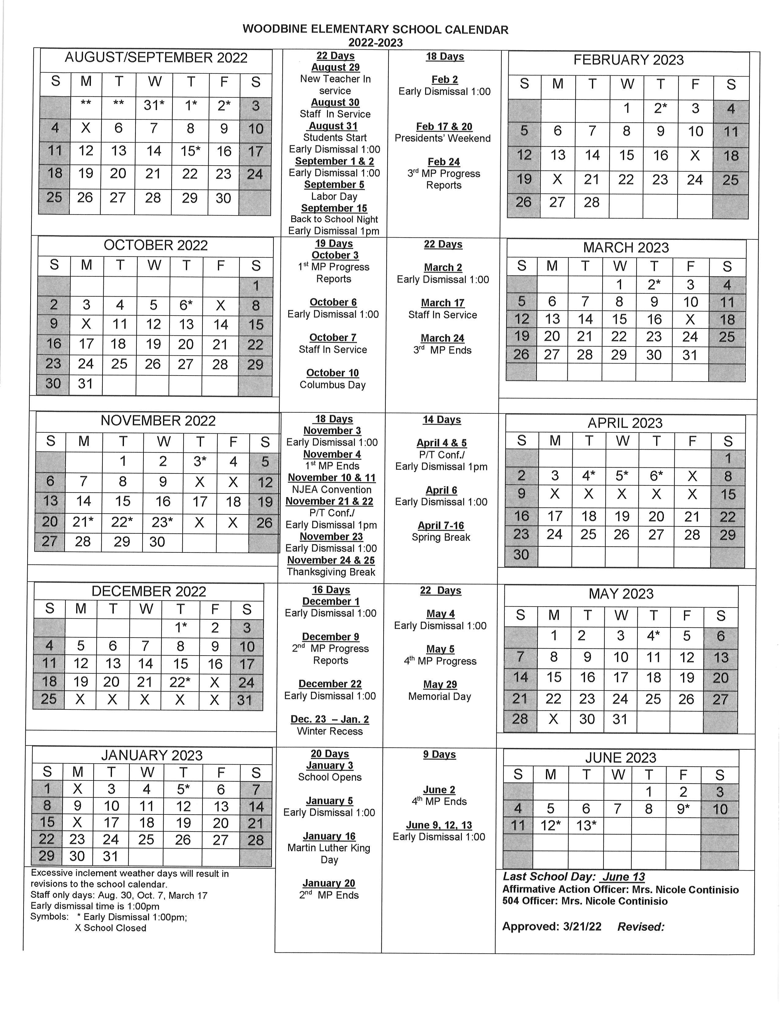 Woodbine Elementary School - Calendar